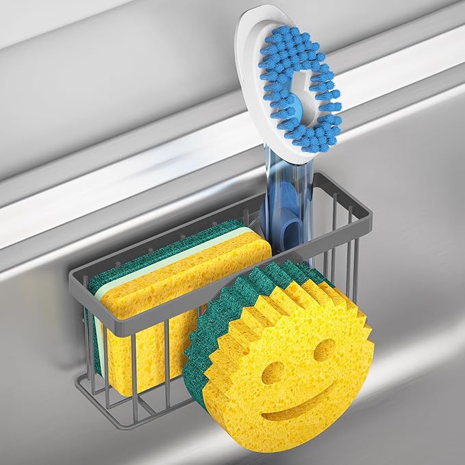 Sponge Holder Smiley Face,Sink Caddy for Kitchen Sink,Sponge Holder with 2 PCS Suction Cups/1 PCS Adhesive Strips,Designed for Sponge,Soap,Dish Brush,Scrubber-Charcoal Gray