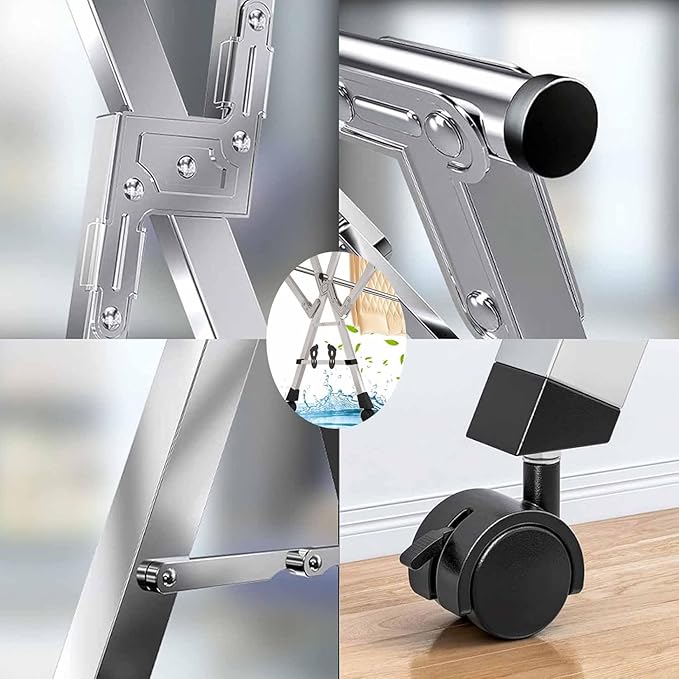 5Poles Clothes Drying Rack,Stainless Steel Laundry Rack with Wheels, Blanket Rack Clothesline, Extendable,with Windproof Hooks,for Indoor Outdoor