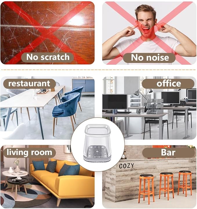 BUMACO Chair Leg Floor Protectors Square Chair Leg Protectors for Hardwood Floors Silicone Pads Covers to Protect Floors Clear-40 Pcs Square L (1-1/16" to 1-5/8")