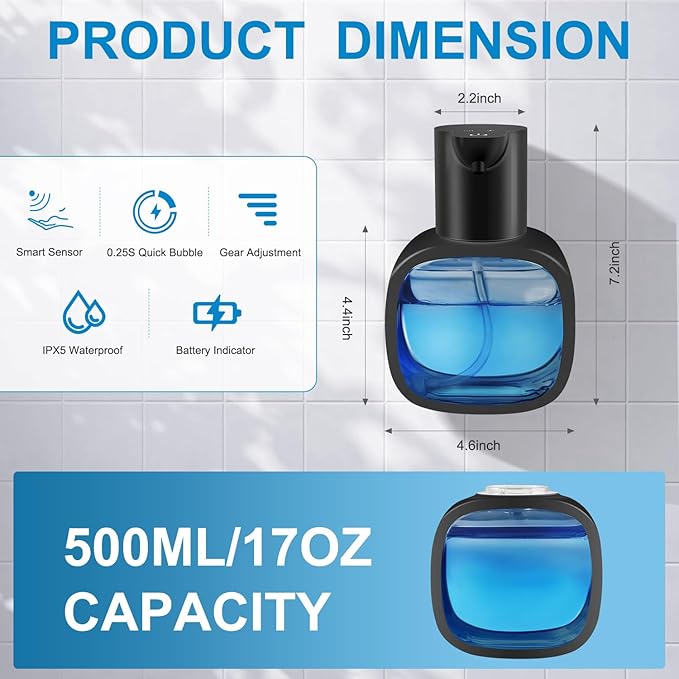 Automatic Liquid Soap Dispenser with 500ml /17oz Capacity, Touchless Soap Dispenser with 4 Level Adjustable, Rechargeable, Wall-Mounted, Waterproof for Kitchen, Bathroom, Hotel, Restaurant