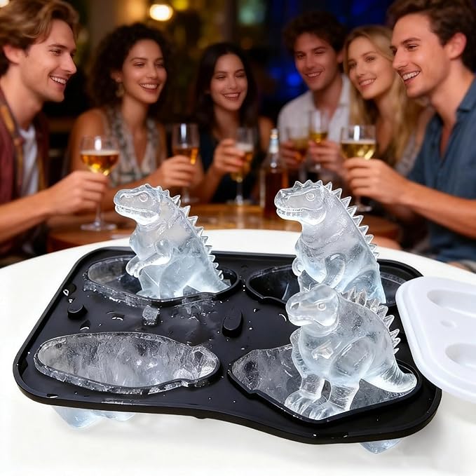 7.48inch Newly Upgraded 4-grid 3D Dinosaur Ice Tray and Covered Silicone Ice Tray, Suitable for Bars, Outdoor and Home Use(1, 3 colors randomly)