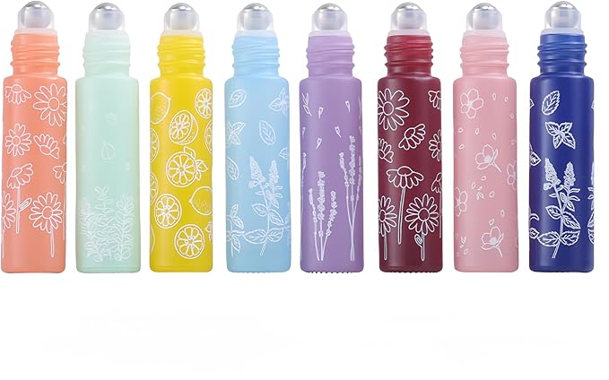 10 Pcs Pink Glass Essential Oil Roller Bottles, 10ml Refillable Roll-on Bottles with Stainless Steel Roller Balls for Travel, Aromatherapy, Lip Balms