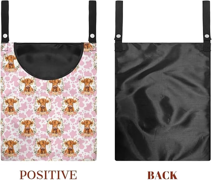 Cattle Clothespin Bags with Hanging Rope Pink Cow Print 14.5 x 12 Inch Summer Waterproof Laundry Clothes Pin Holder Clothespin Storage Organizer with Large Opening