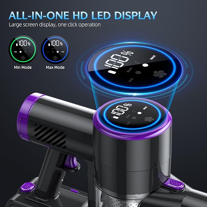 Cordless Vacuum Cleaner, Stick Vacuum with LED Display, 2 Modes 6 in 1 Lightweight Rechargeable Cordless Stick Vacuum with 40Min Detachable Battery Vacuum Cleaner for Home Hard Floor Carpet