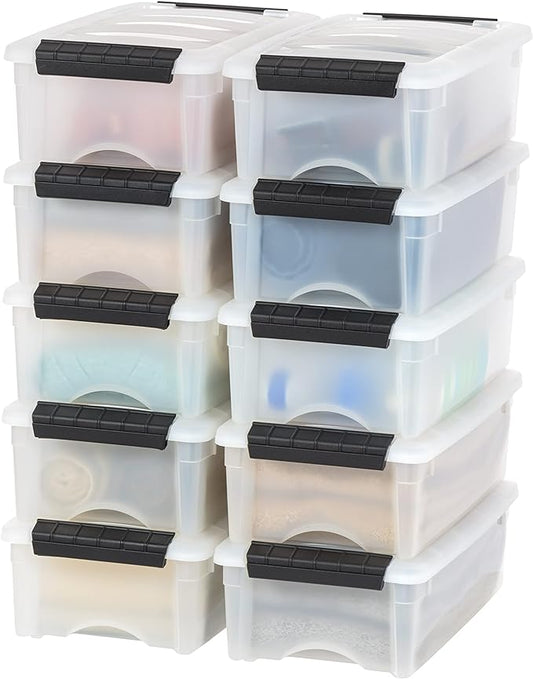 IRIS USA 6 Qt Stackable Plastic Storage Bins with Lids, 10 Pack - BPA-Free, Made in USA - Discreet Organizing Solution, Latches, Durable Nestable Containers, Secure Pull Handle - Pearl