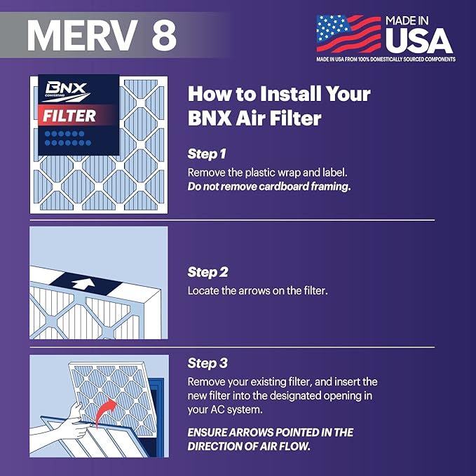 BNX TruFilter 20x22x1 Air Filter MERV 8 (6-Pack) - MADE IN USA – Dust & Pet Defense Electrostatic Pleated Air Conditioner HVAC AC Furnace Filters for Dust, Pet, Mold, Pollen MPR 600 – 700 & FPR 5