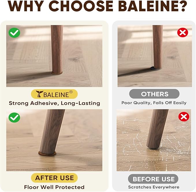 BALEINE 300PCS Felt Furniture Pads, Multi-Size Felt Pads for Chair Legs, Tables, Beds, Scratch-Reducing Floor Protectors for Hardwood Floors, Tile, Vinyl, and Laminate (300PCS, Brown)