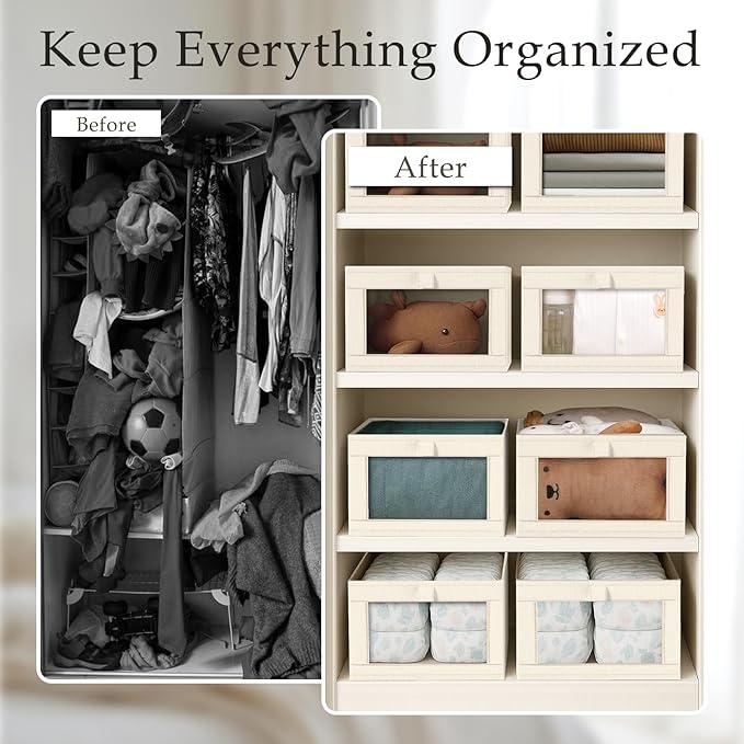 Criusia Linen Closet Organizers and Storage, 4 Pack Linen Closet Baskets with Mesh Window for Organization, Foldable Closet Organizer for Clothing, Towels, Toys, Nursery, Books, Shelves, Beige