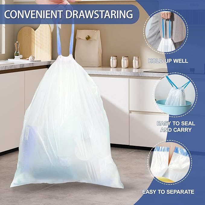 240 Count 4 Gallon Small Trash Bags Drawstring 1.1 Mil - White Garbage Bags Unscented for Bathroom, 15 Liter Thick Plastic Wastebasket Liners for Toilet Home Office and Bedroom