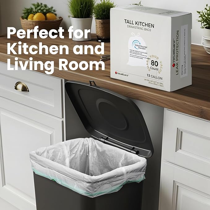 Large Trash Bag 13 Gallon Tall Drawstring 100% Post-Consumer Recycled Garbage Bag Waste Bag for Kitchen Office (120 Count, 0.7 Mil)
