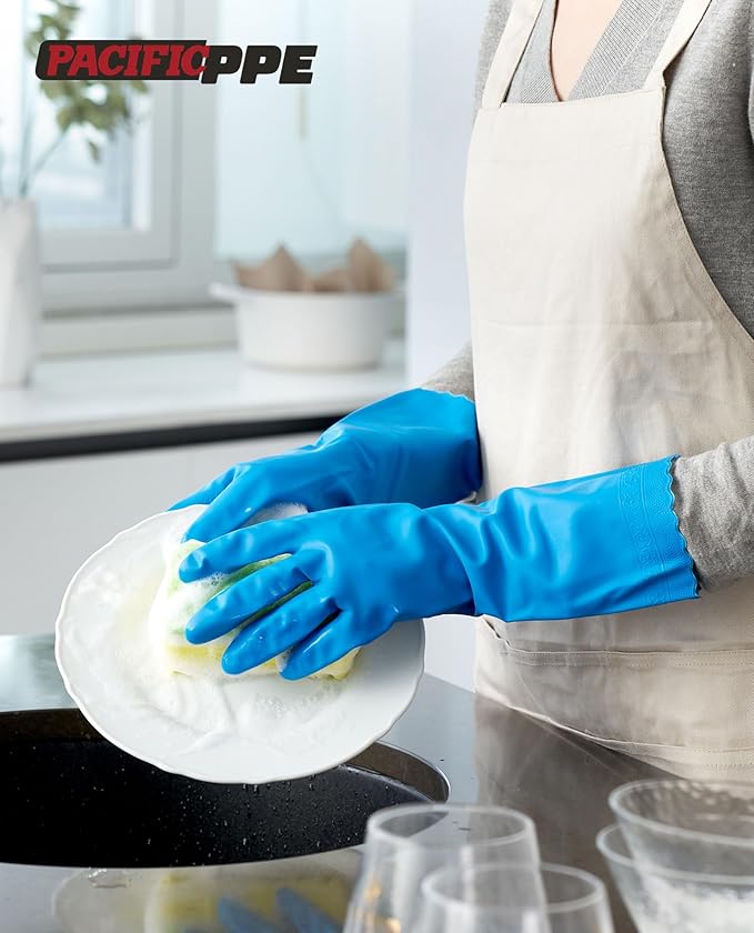 PACIFIC Cleaning Gloves with Latex free, Dishwashing Kitchen Gloves with Cotton Flocked Liner, Reusable, Non-Slip, Water Resistant Household Gloves, Blue, Medium