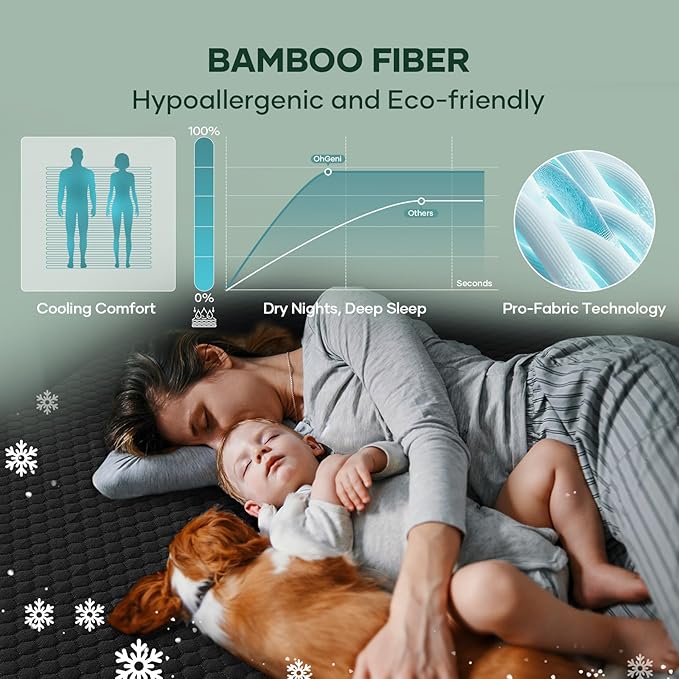 OhGeni 100% Waterproof Mattress Protector, Queen Size Mattress Pad, Fits 6"-20" Mattresses with Deep Pocket, Cooling, Breathable Fitted Sheets, Soft Bed Cover, Noiseless, Machine Washable(Black)
