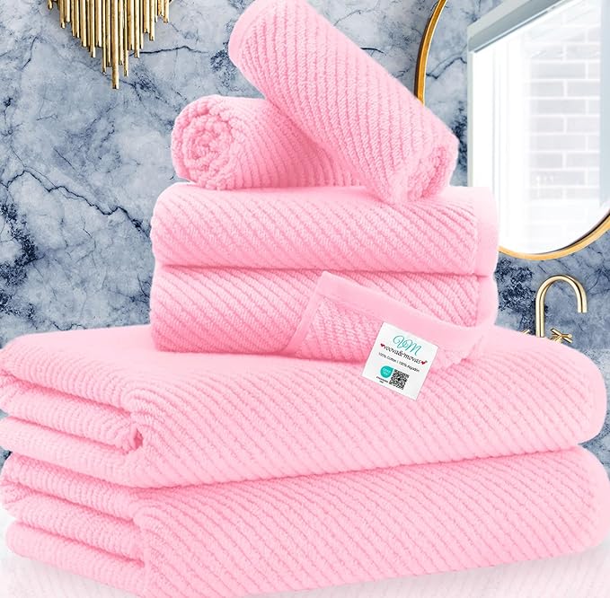 Pink Towels - 100% Cotton, Soft, Quick Dry, Lightweight, Towel Set of 6, 2 Large Bath 30" x 56", 2 Hand 18" x 28", 2 Washcloths 13" x 13", Pink Towels Bathroom Sets, Luxury Towel Gift Set