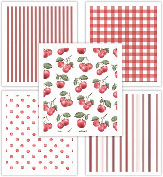 HALL & PERRY Swedish Dishcloths for Kitchen, 5-Pack, Reusable Cellulose Sponge Cloths for Kitchen & Cleaning – Eco-Friendly, Ultra-Absorbent, Quick-Drying (Cherry Red)