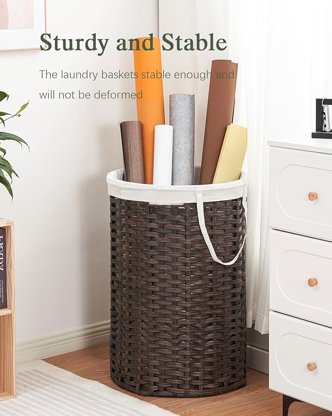 34.3 Gal (130 L) Large Laundry Hamper Laundry Basket Round Handwoven Wicker Laundry Baskets Rattan Laundry Basket with Removable Bag Handles 2 Mesh Bags for Living Room Bedroom Brown