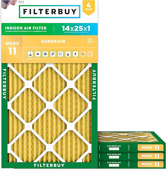 Filterbuy 14x25x1 Air Filter MERV 11 (MPR 1200) Allergen Defense Replacement (4-Pack), Electrostatic Pleated HVAC AC Furnace Filters, Made in USA (Actual Size: 13.50 x 24.50 x 0.75)