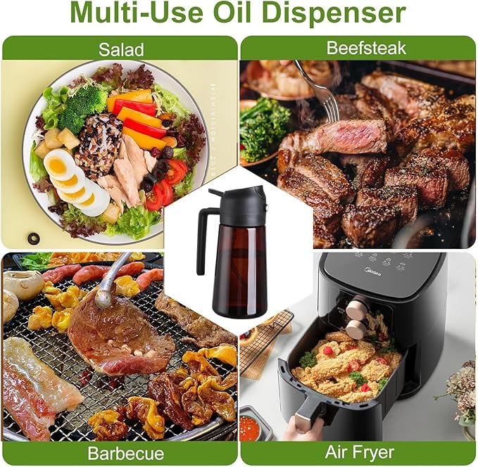 2-in-1 Glass Oil Dispenser & Sprayer - 16oz/470ml Leakproof Bottle for Cooking, Air Fryer, BBQ, Baking, Salad (Light-Blockage Black And Green)