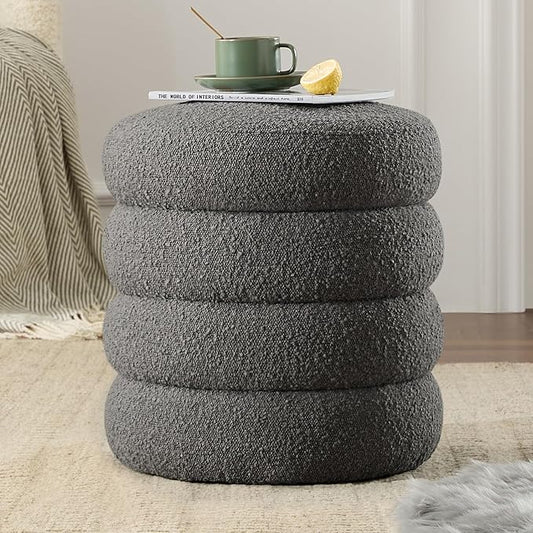 Round Ottoman with Storage Boucle Ottoman Stool with Storage Removable Lid for Living Room Modern Vanity Sorage Stool Foot Rest Bedroom Dorm Gift Set of 1 (Grey)