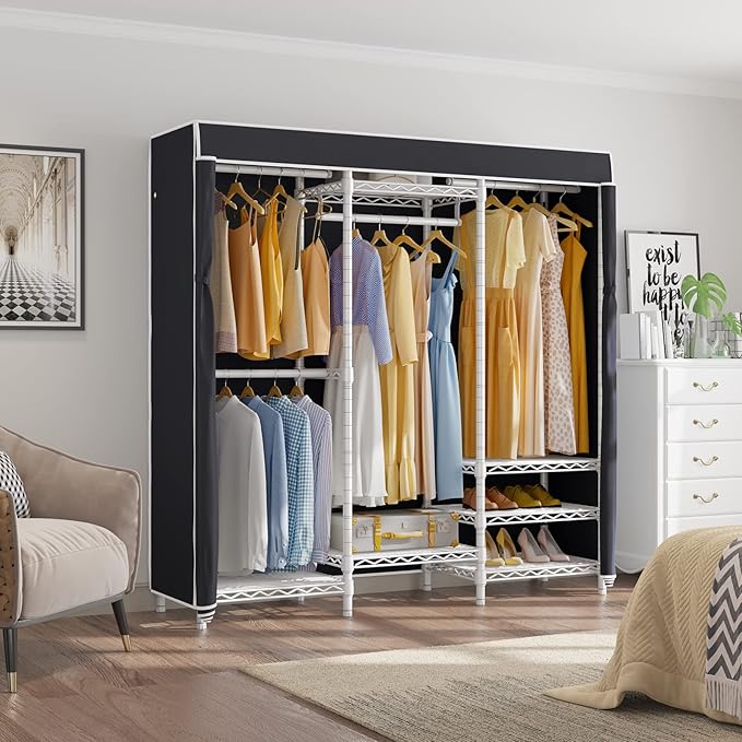 VIPEK V5C Covered Clothes Rack Heavy Duty Portable Closet Wardrobe, Freestanding White Metal Clothing Rack with Black Dustproof Cover, Adjustable Custom Closet Rack, 57.9"L x 17.3"W x 76.4"H (Medium)