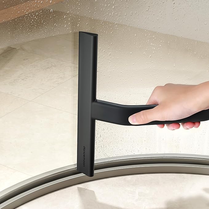 dancemoon JustHang Shower Squeegee for Glass Doors, All-One-Piece Silicone with Built-in Hook Design for Easy Hanging and Cleaning, 10 Inch Black