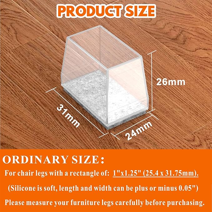 Rectangle Chair Leg Protectors for Hardwood Floors,16 PCS Silicone Covers to Protect Wood Tile Floors Felt Pads Furniture Leg Caps Reduce Noise. Easy to Move. (Clear,1 x 1.25 Inch, Rectangular)