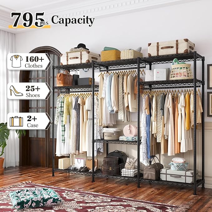 Raybee Clothes Rack Heavy Duty Load 795LBS Portable Clothing Racks for Hanging Clothes Adjustable Garment Rack, 56" W X16 D X 75.5" H Black