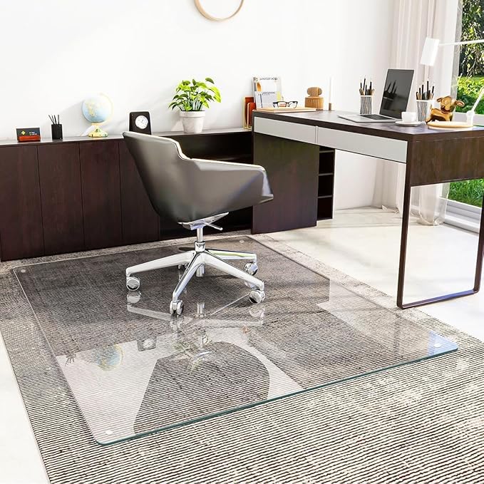 [Tempered Glass] 48" x 60" Glass Chair Mat, Heavy Duty Hard Tempered Glass Mat with Round Corner and Polished Edge, Transparent Glass Office Chair Mat for Office and Home Hard Floor or Carpeted