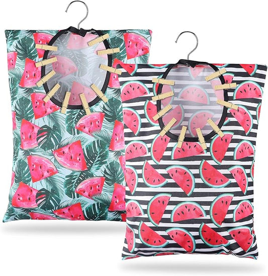 2 Pcs Watermelon Clothespin Bag with Hanging Hook 15 X 11 Inch Watermelon Laundry Canvas Clothes Pin Holder Waterproof Clothespin Bag Clothespin Storage Organizer with A Large Opening (Watermelon)