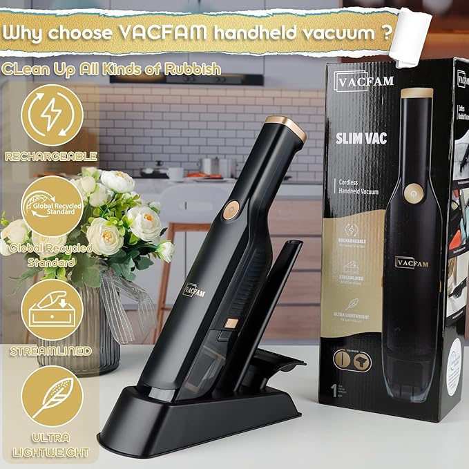 Handheld Vacuum Cordless, High Power Suction, USB Quick Charge, Car Vacuum Cleaner with Storage Dock, HEPA Filter, Lightweight Rechargeable Dust Buster with Crevice Tool & Pet Brush Hand Vac for Home