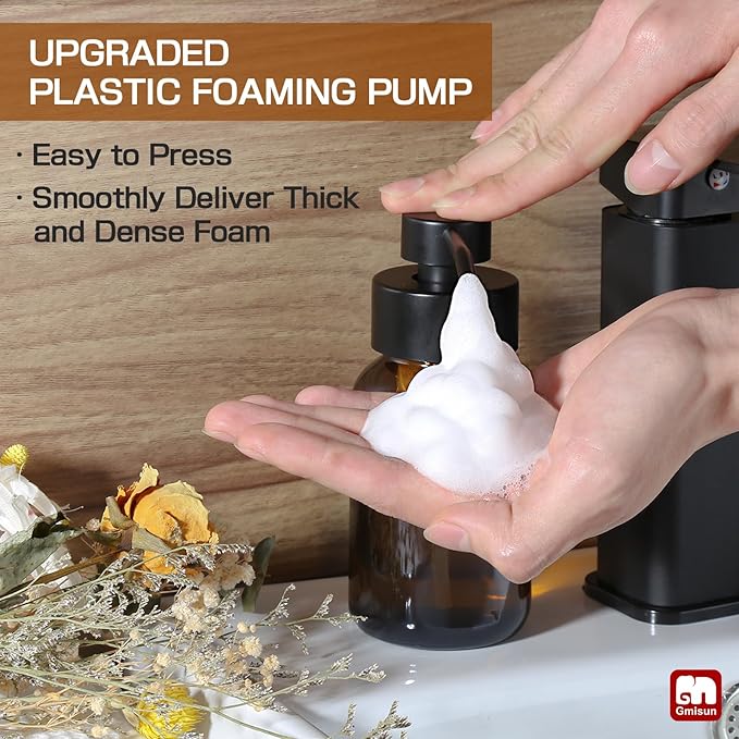 GMISUN Foaming Soap Dispenser, 4 Pcs 8.5 Fl oz Amber Glass Foam Hand Soap Dispenser for Bathroom & Kitchen, Refillable Hand Soap Foam Dispensers, Modern Amber Glass Pump Bottle with Waterproof Labels