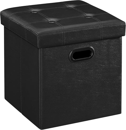SONGMICS MAZIE Collection - 15 Inches Ottoman with Storage, Footstool, Storage Ottoman with Metal Grommet Handles, Load 660 lb, for Dorm, Living Room, Bedroom, Synthetic Leather, Black ULSF30B