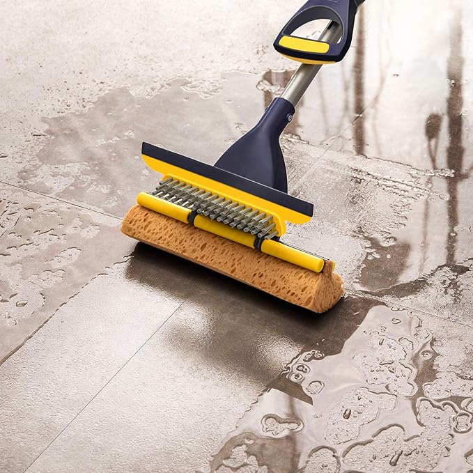 Yocada Sponge Mop Home Commercial Use Tile Floor Bathroom Garage Cleaning Total 2 Sponge Heads NOT 3 Telescopic Handle Squeegee from 42.5 to 52 Inches Easily Dry Wringing only 2 Heads
