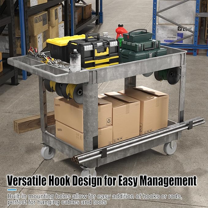 Heavy Duty Rolling Utility Cart with Wheels 2-Tier Utility Plastic Service Work Cart for Shop, Garage, Warehouse, Maintenance 550 lbs