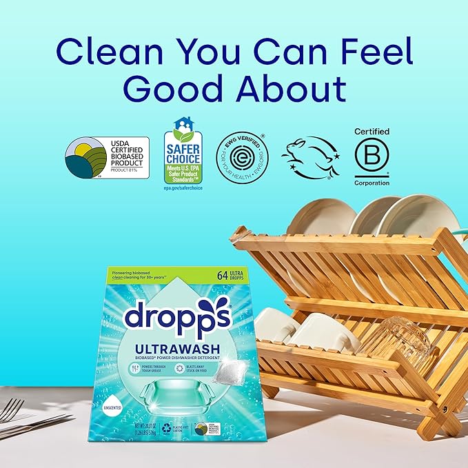 Dropps UltraWash Dishwasher Pods, Unscented (64 Count) - Biobased Power Deep Clean Dishwasher Detergent Tablets for Sparkling Shiny Dishes - No Rinse Aid or Pre-Wash Needed - Dishwashing Pods