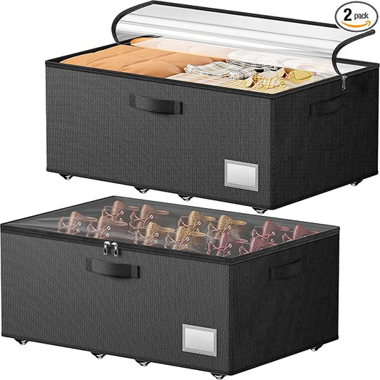 Underbed Storage with Wheels, 2 Pack Under Bed Storage Containers with Clear Lids No Assembly Required, 6.1 inch Rolling Under Bed Storage for Clothes, Shoes
