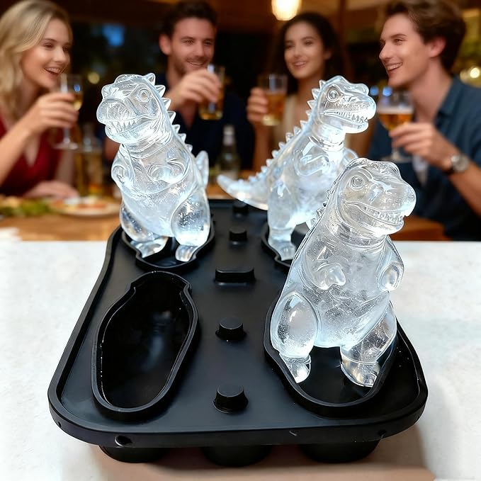 7.48inch Newly Upgraded 4-grid 3D Dinosaur Ice Tray and Covered Silicone Ice Tray, Suitable for Bars, Outdoor and Home Use (1, 2 colors randomly)