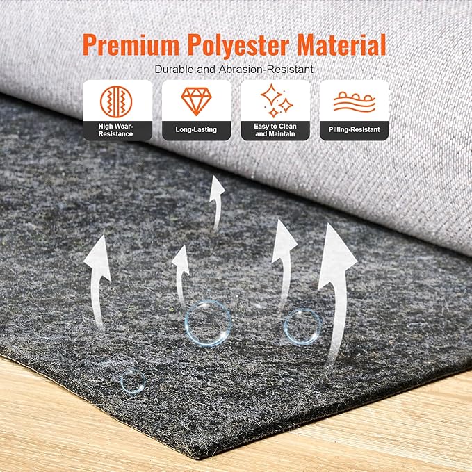 VEVOR Rug Pad Without Slip Resistance, Protective Cushioning Carpet Pad, 8' x 10', 1/2" Thick, 100% Pure Polyester Felt, 7-8㎡ Premium Comfort Underfoot Carpet Padding Rug Cushion for All Floors, Gray