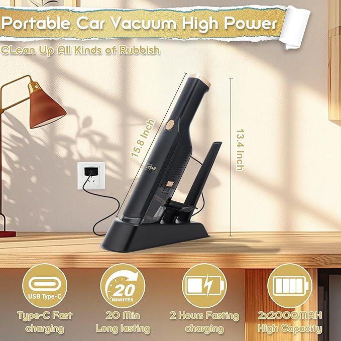 Handheld Vacuum Cordless, High Power Suction, USB Quick Charge, Car Vacuum Cleaner with Storage Dock, HEPA Filter, Lightweight Rechargeable Dust Buster with Crevice Tool & Pet Brush Hand Vac for Home
