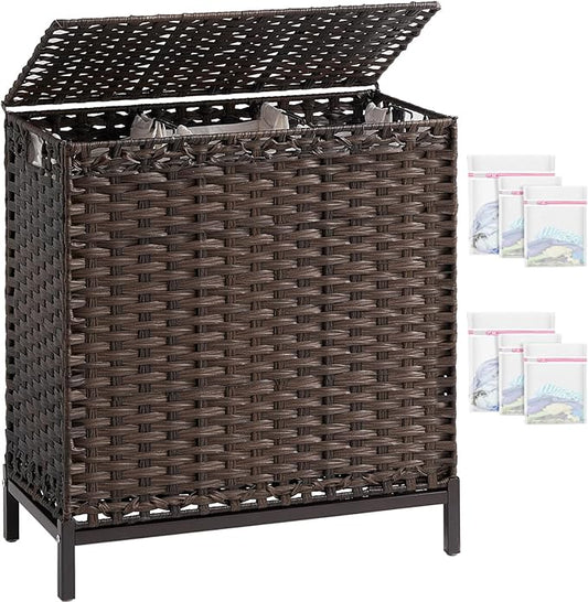 Laundry Hamper with Lid 132 L, (35 Gallons) Clothes Hamper with Lid, Handwoven Rattan Laundry Hamper with Metal Heightened Feet, Laundry Hampers with 3 Removable Liner Bags for Laundry-Brown