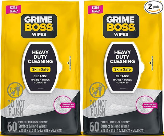 Grime Boss Heavy Duty Surface and Hand Wipes (2x60ct) | Wet Wipes Remove Paint, Oil, Grease, Adhesives, Mud, Dirt | Shop Wipes Replace Cleaners like Rags, Towels, Pumice, Soap