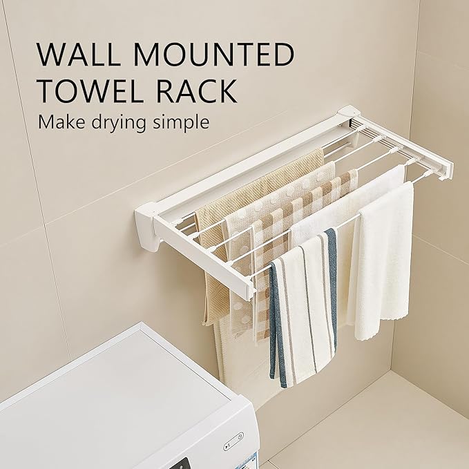 JOOM Laundry Drying Rack Collapsible, Wall Mounted Drying Rack, Clothes Drying Rack, Retractable Drying Racks, 27.5" Wide, 5 Aluminum Rods with Hooks, 60 lb Capacity (White 27.5" with Hooks)