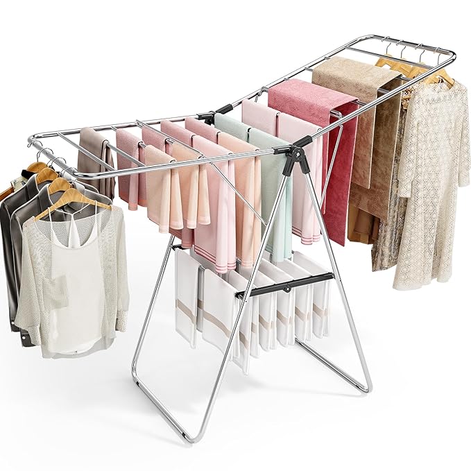 APEXCHASER Clothes Drying Rack, Drying Rack Clothing with Height-Adjustable, Foldable Gullwings Laundry Rack, Indoor Outdoor Use, No Assembly,Black