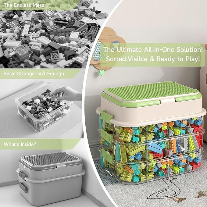 Toy Storage Organizer Box with Handle, Stackable Building Block Toy Box with Building Plate Lid & Removable Sorting Trays, Cubby Bins and Containers 3 Layer (Green)