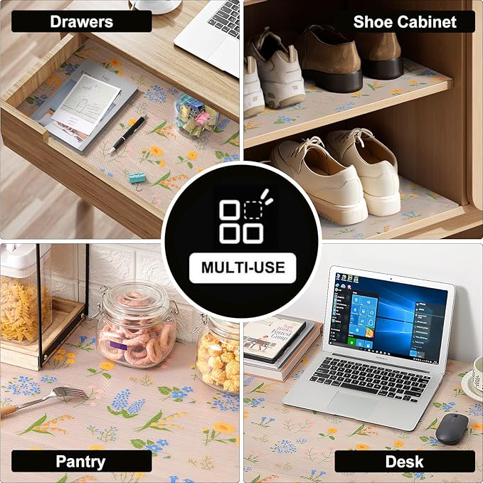 INNOLITES Non-Slip Shelf Liner – Cabinet & Drawer Liner Non-Adhesive – Waterproof Oil-Proof – Durable EVA with Floral for Kitchen Cabinets Refrigerator – BPA-Free, Easy to Cut 23.6" x 236"