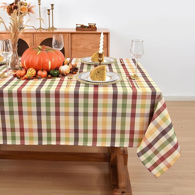 Waterproof Plaid Tablecloth Fabric - Square 58x58 Inch Classic Gingham Checker Christmas Thanksgiving Table Cloth for Indoor/Outdoor Use - Xmas Tabletop Cover for Picnics, BBQs, and Parties