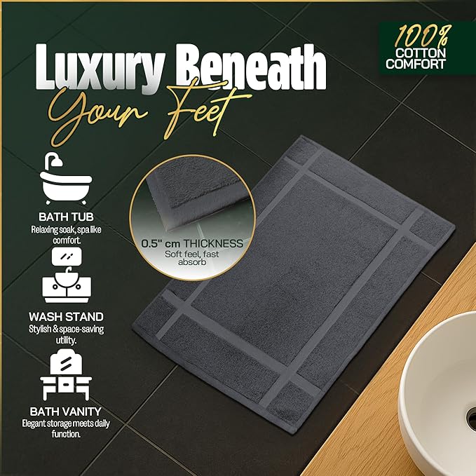 Pearl Linens Pack of 2 Washable Cotton Bath Mat 18x25 - Soft & Absorbent Quick Dry Bathroom Mat Set, Not Bathroom Rugs After Shower Mat, Terry Bath Tub Mat, 687 GSM Dark Grey