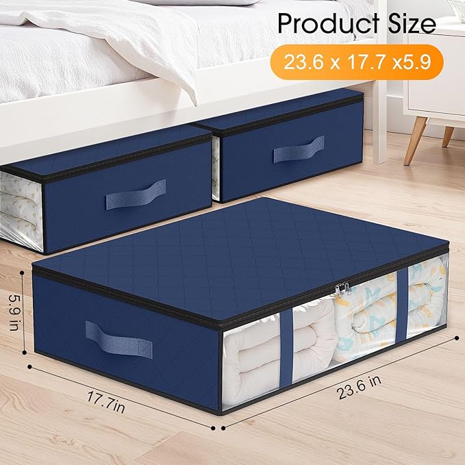 StorageRight Under Bed Storage Bins, 4-Pack 40L Foldable Fabric Storage Bags with Transparent Window, Breathable Organizer for Clothes/Blanket/Comforter/Quilt, Blue