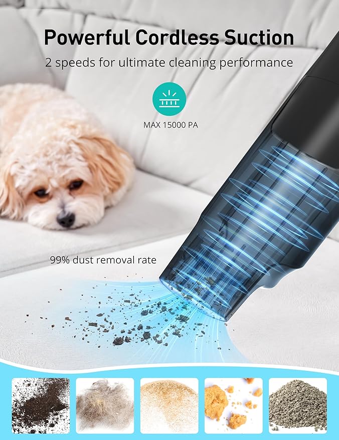 Successor Handheld Vacuum, Cordless Vacuum 15KPA Powerful Car Vacuums, Rechargeable, Charging Dock, Ergonomic Handle, 2-in-1 Crevice Tool, Portable Handheld Vacuums with 2-Speed for Car