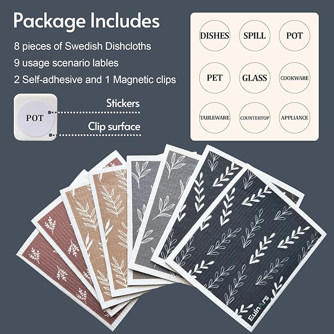 Swedish Dishcloths, 8 Pack Reusable Paper Towels with Clips, Quick Drying Dish Towels, Super Absorbent Cellulose Sponge Cloths, No Odor, Kitchen Cleaning Essentials