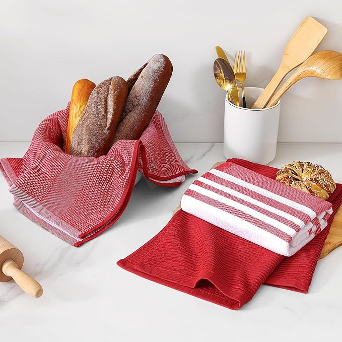 Homaxy Premium Kitchen Towels(18”x 28”, 3 Pack), Large Cotton 380 GSM Kitchen Hand Towels, Soft and Absorbent Terry Dish Towels, Multipurpose Tea Towel Set with Hanging Loop, Red